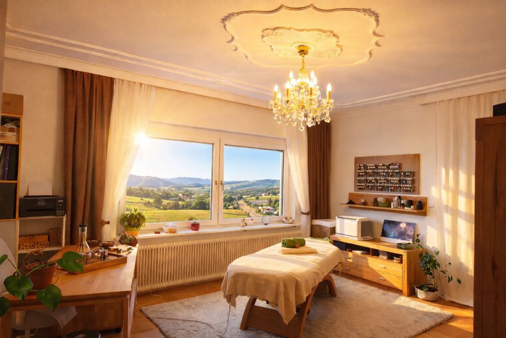 Freundlicher Massageraum mit natürlichem Tageslicht, harmonischer Einrichtung und Blick ins Grüne auf Hügel, Felder und ein kleines Dorf, ruhige Atmosphäre für Entspannung und ganzheitliches Wohlbefinden.