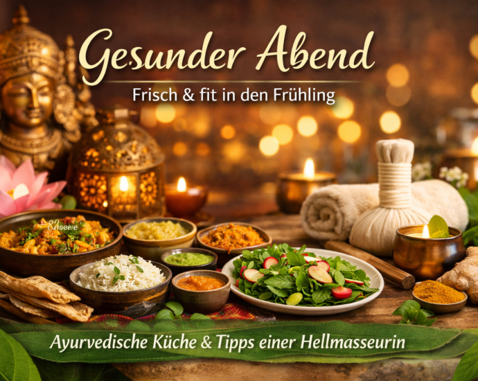 Gesunder Abend im Indian Fusion Enns mit ayurvedischer Speisekarte, indischen Gerichten, Gewürzen, Kerzenlicht und Wellness-Elementen wie Kräuterstempel und Handtuch – Frühling, Gesundheit und Balance im Fokus.