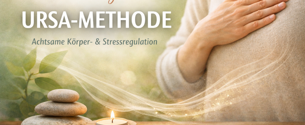 Beitragsbild zur URSA-Methode: ruhige Szene mit Händen auf der Brust, Kerze und Steinen – Symbol für achtsame Körperarbeit und Stressregulation.