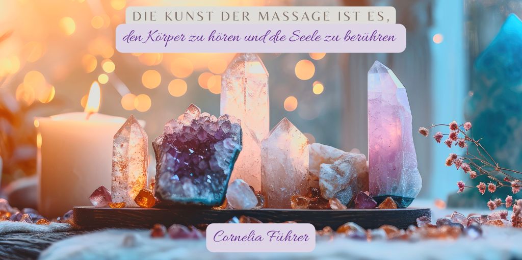 Meditative Massage-Atmosphäre mit Kristallen, Heilsteinen und Kerzenlicht, Zitat über die Kunst der Massage und ganzheitliche Berührung von Körper und Seele, ruhige spirituelle Stimmung.